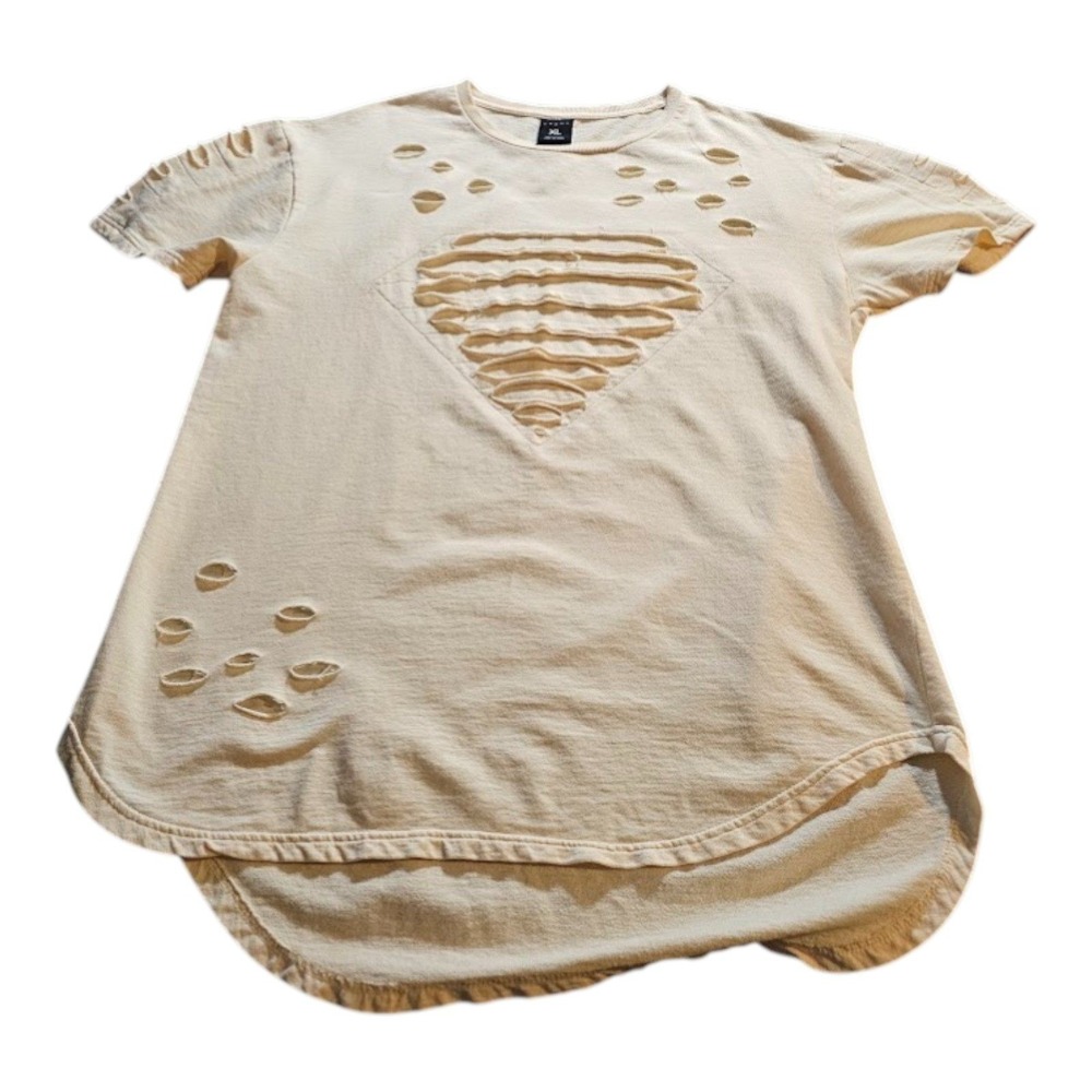 KROME Distressed T-Shirt Mens XL Cream Excellent Shredded Diamond Streetwear Tee